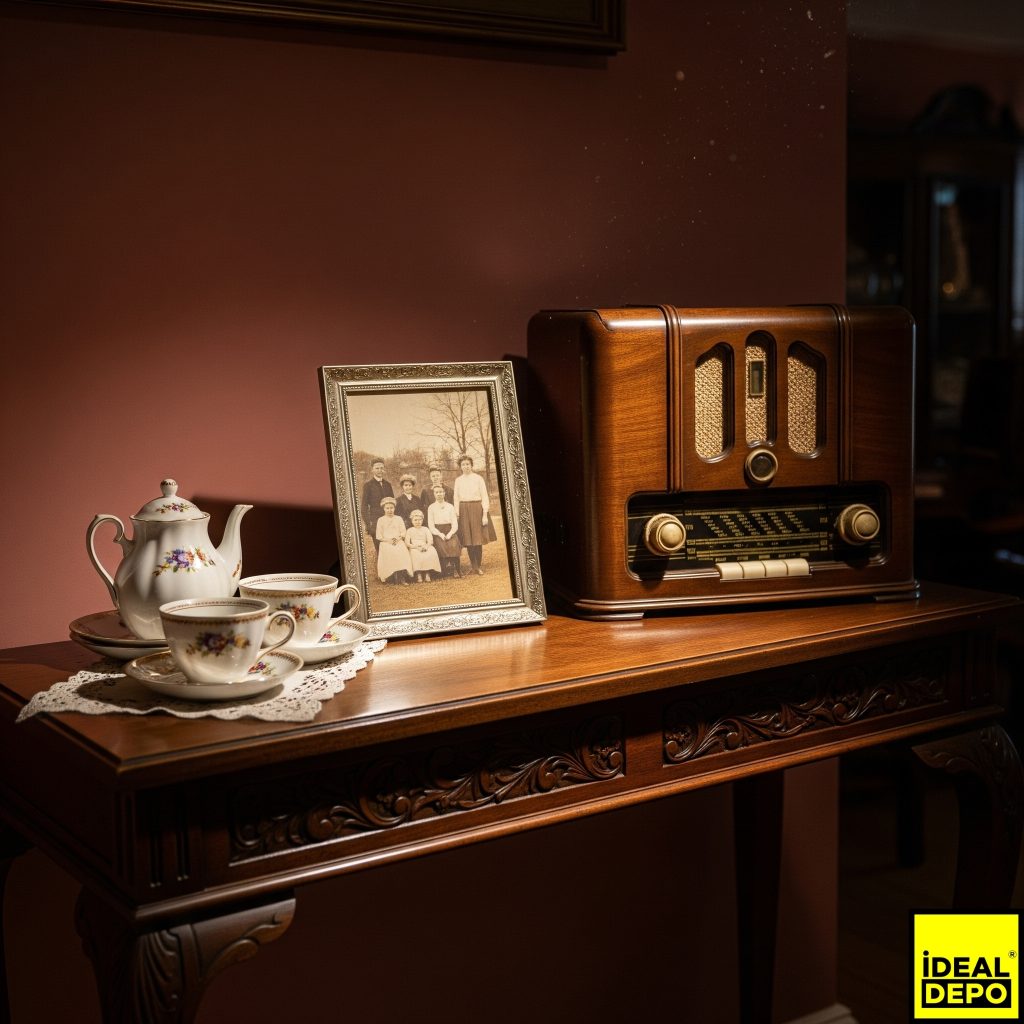 Büyükanneden kalma ceviz konsol üzerinde aile yadigarları: antika radyo, porselen çay takımı ve eski bir fotoğraf. Değerli eşyaların güvenli depolanması.