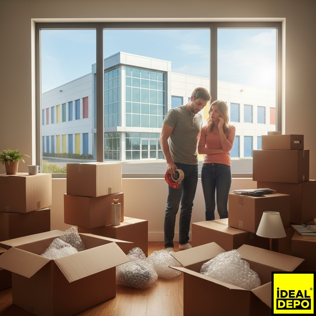Taşınma stresi yaşayan bir çiftin kolilerle dolu bir odada durduğu ve pencereden modern bir eşya depolama tesisine baktığı görüntü.
