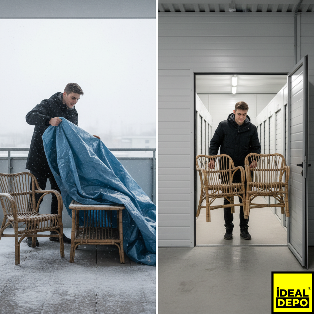 Kışın yağmur ve ayaz altında branda ile korunmaya çalışılan ancak ıslanma ve çürüme riski taşıyan sahipsiz yazlık balkon mobilyaları.