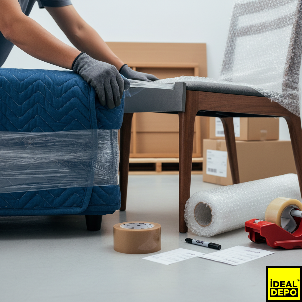 Eşya depolama için bir koltuğun streç filmle, sandalyenin ise baloncuklu naylonla sarılmasını gösteren profesyonel ve koruyucu mobilya paketleme işlemi.