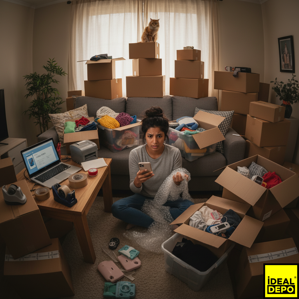 E-ticaret siparişleri için evinin bir odasını depo olarak kullanan, etrafı kargo kolileri ve ürünlerle dolu bir girişimcinin yaşadığı operasyonel karmaşa.