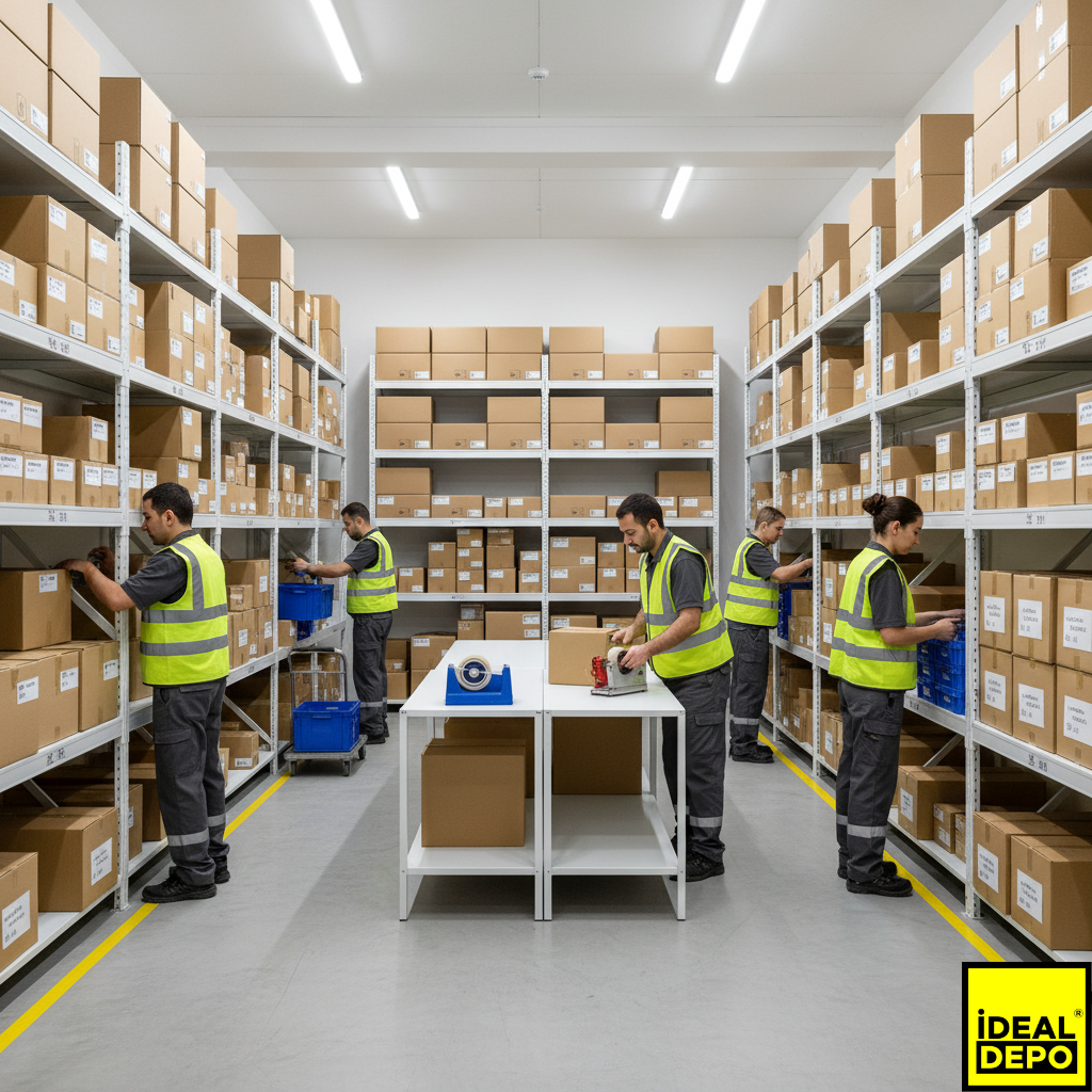 İdeal Depo'nun e-ticaret satıcıları için sunduğu, rafları düzenli, paketlemeye hazır kolilerin bulunduğu temiz ve organize fulfillment depolama alanı.