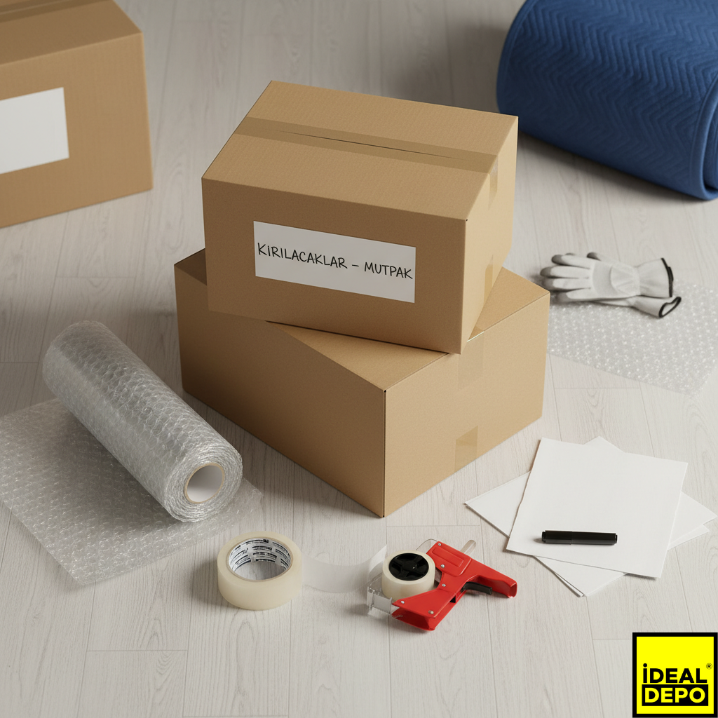 Eşya depolama için gereken koli, baloncuklu naylon (patpat), koli bandı, ambalaj battaniyesi ve 'KIRILACAKLAR' yazılı etiket gibi profesyonel paketleme malzemeleri.
