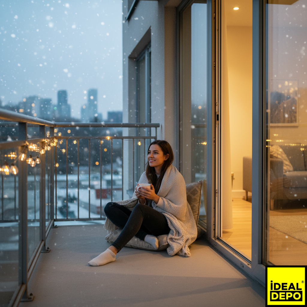 Yazlık eşyalarını İdeal Depo'ya kaldırdıktan sonra ferahlayan ve boşalan balkonunda sıcak kahvesini içerek kışın keyfini çıkaran bir kişi.