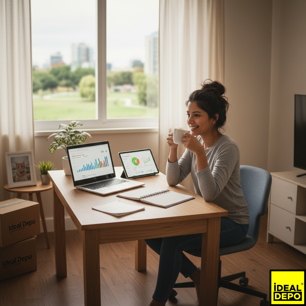 Lojistik ve depolama operasyonlarını İdeal Depo'ya devretmiş, dizüstü bilgisayarından rahatça işini yöneten mutlu bir e-ticaret işletme sahibi.