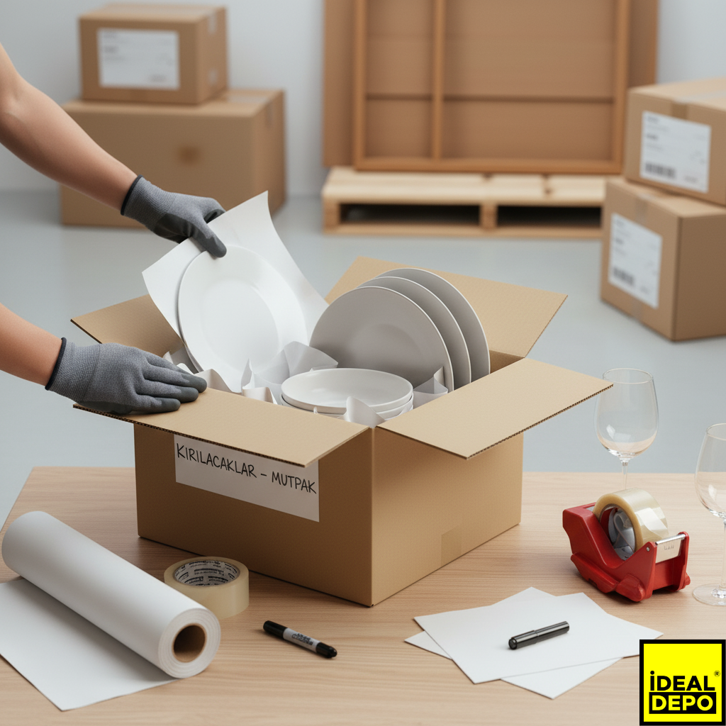 Eşya depolama için hassas mutfak eşyalarından olan tabakların, ambalaj kağıdına tek tek sarılarak 'KIRILACAKLAR - MUTFAK' etiketli bir koliye dikkatlice yerleştirilmesi.