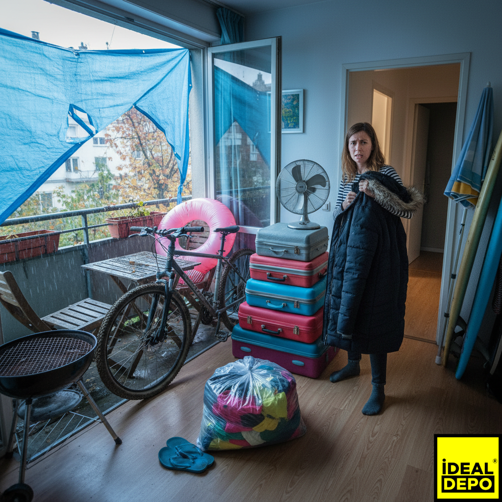 Kış gelirken bir evin köşesine yığılmış bisiklet, vantilatör, bavul ve koliler gibi ortada kalan yazlık eşyaların yarattığı dağınıklık.