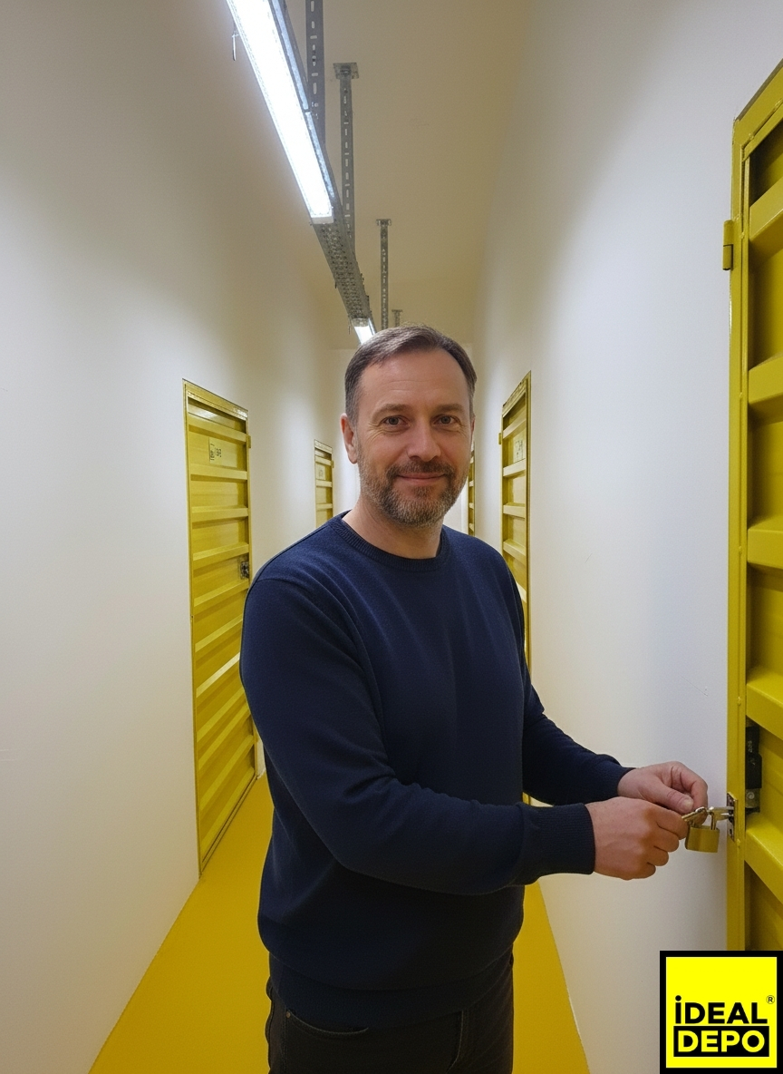 İdeal Depo'daki kişisel ünitesinin kapısını kendi anahtarıyla güvenle açan memnun bir müşteri.