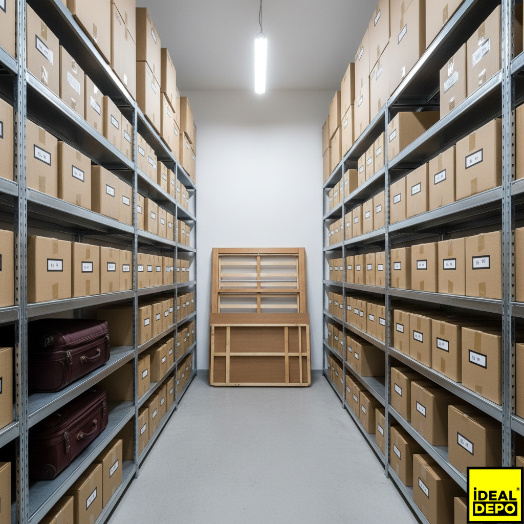 Raflar ve dikey istifleme ile optimize edilmiş, düzenli kutular ve mobilya parçaları içeren yüksek tavanlı modern bir depo alanı.