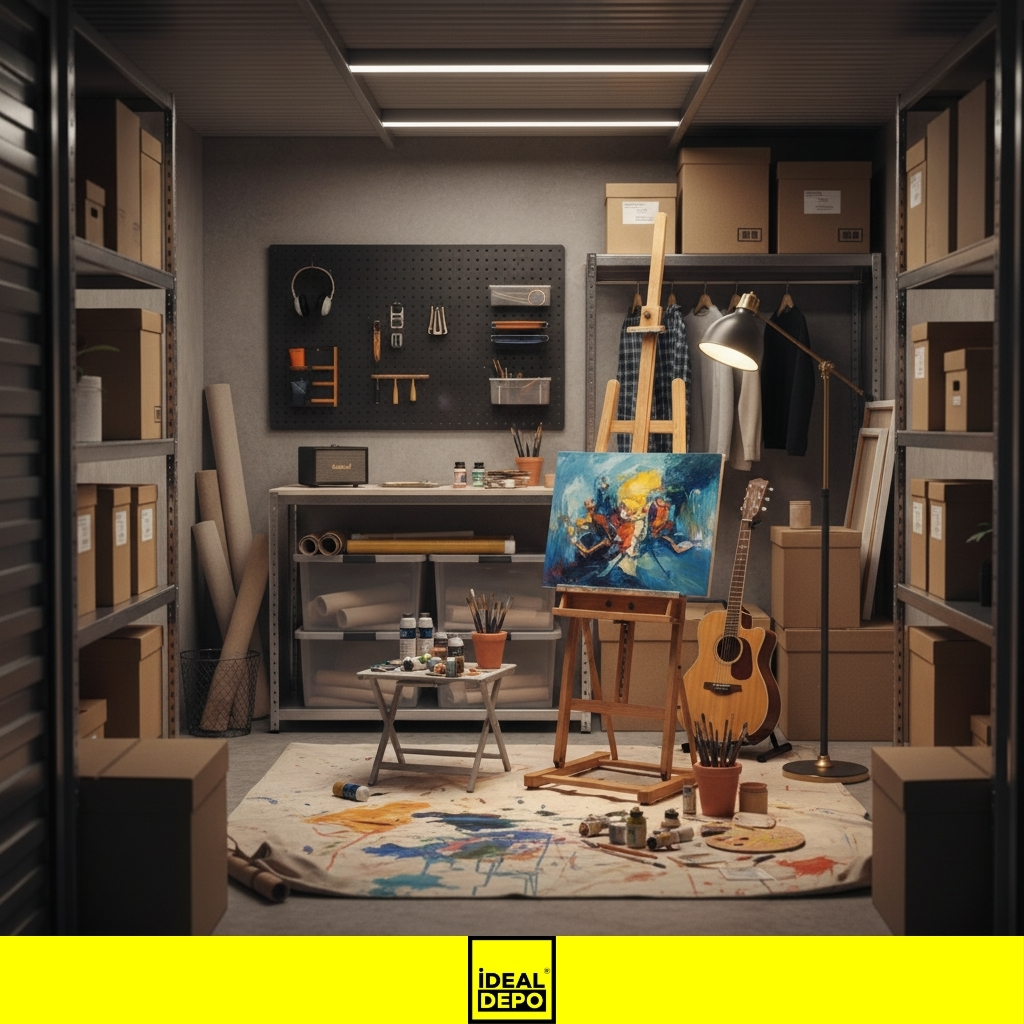 Bir depolama biriminde şövale, boyalar, fırçalar ve gitarla oluşturulmuş düzenli bir ressam veya sanat atölyesi alanı.