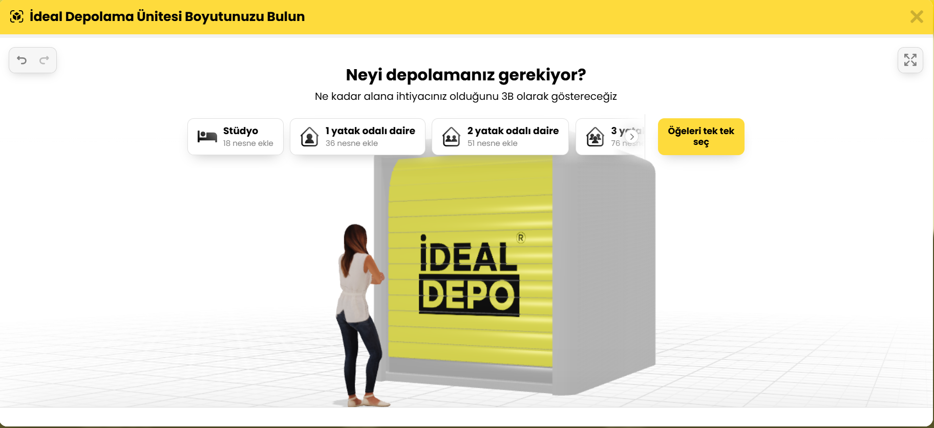 Eşyaların 3D şemasıyla toplam metreküp hacmini gösteren modern bir depo hesaplama aracı ekran görüntüsü.