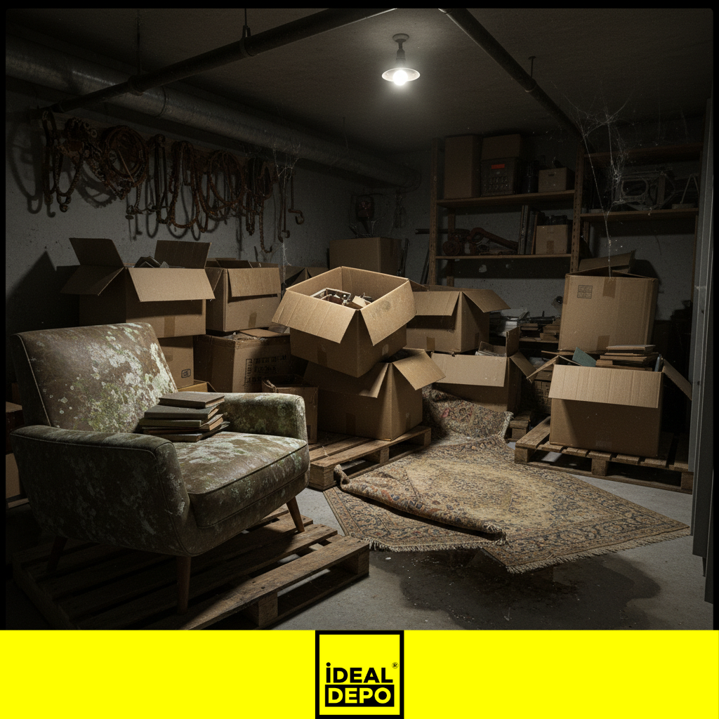 Bodrumda veya garajda nemden ve düzensizlikten dolayı küflenmiş eşya ve hasar görmüş koliler. DIY depolamanın gizli hasar maliyetini gösterir.