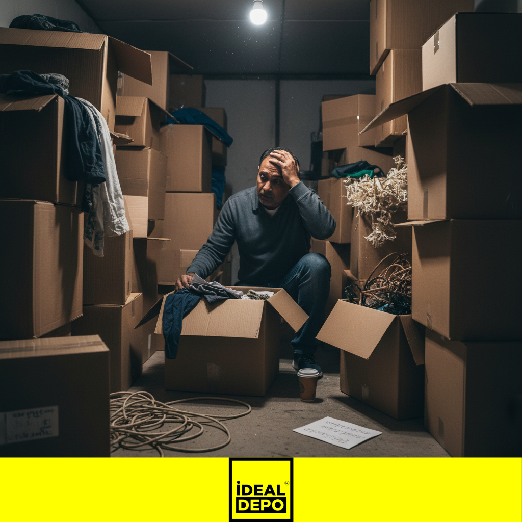 Dağınık depoda aradığı eşyayı bulmaya çalışırken strese girmiş bir adam. Profesyonel depolama yerine düzensizliğin yarattığı zaman ve enerji kaybını simgeler.