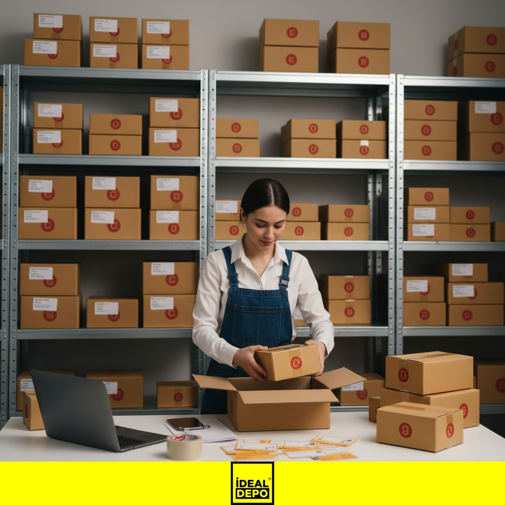 Bir depolama biriminde raflardaki ürün kutuları arasında, bir kadın e-ticaret işletmecisinin dizüstü bilgisayarıyla ürün paketlediği mikro-lojistik alanı.