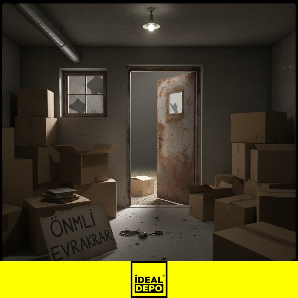 Kilitli olmayan eski bir kapı ve kırık pencereler ile güvenlik açığı olan bir depolama alanı. Eşya hırsızlığı ve yangın riskine karşı yetersiz depo güvenliğini vurgular.