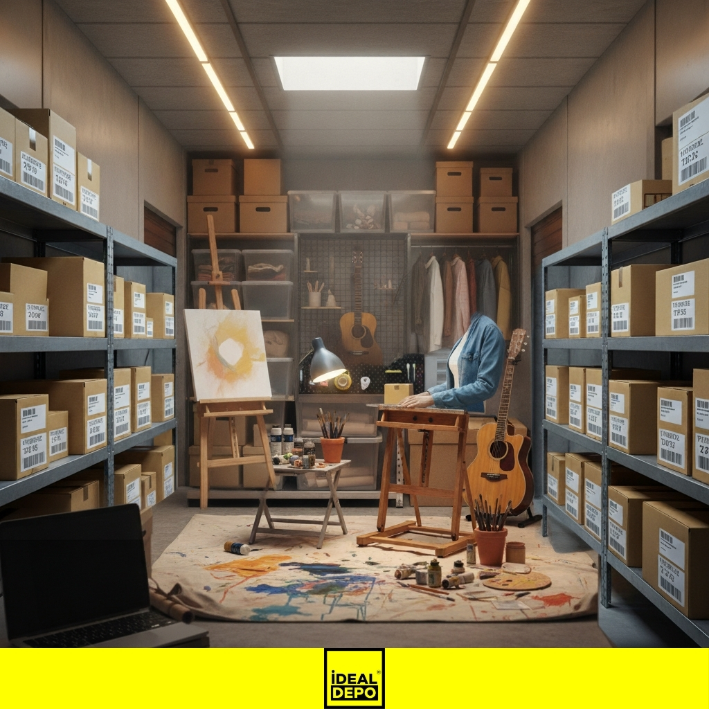 Modern bir depolama alanında düzenlenmiş sanat malzemeleri, gitar ve kutularla dolu yaratıcı bir hobi stüdyosu.